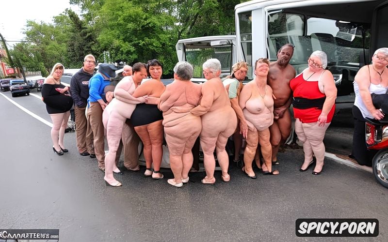 ultra detailed, full body face, highres, full nude body, obese granny group kissing sucking in busy street
