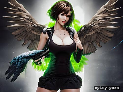 big boobs, 20 yo, short brown hair, black feathered wings, green miniskirt