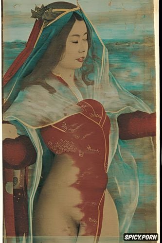 flat painting japanese woodblock print, red transparent veil