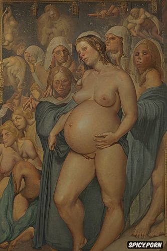 virgin mary nude in a barn, wide open, halo, pregnant, masturbating