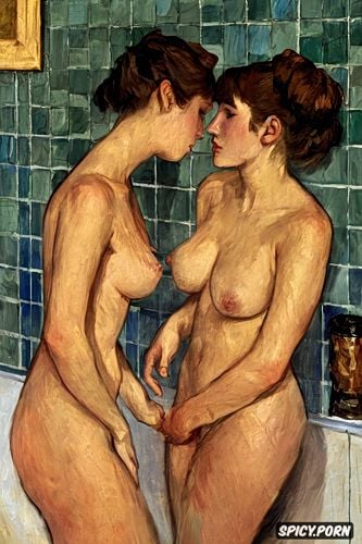women in humid bathroom with fingertip nipple touching breasts tiled bathing intimate tender lips modern post impressionist fauves erotic art