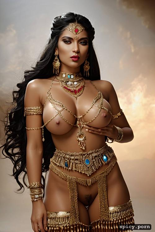bare body covered with gold jewellery, hourglass structure, black hair