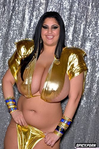 full view, curvy, sharp focus, gigantic hanging boobs, gold and silver and pearls and jewelry