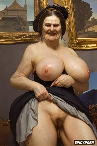 the very old fat grandmother has nude pussy under her skirt