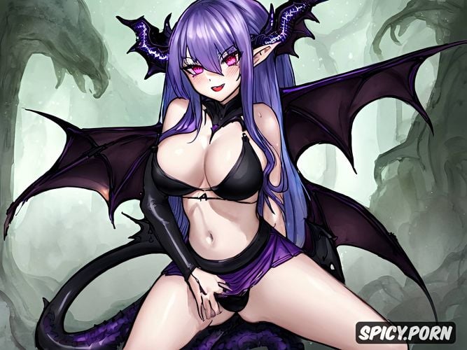 slim body, black draconic wings, purple hair, mini skirt, black demonic tail