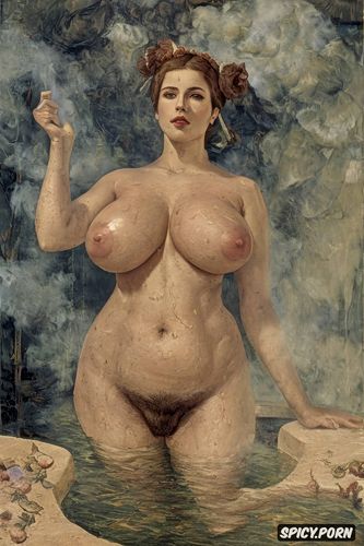 low resolution, chubby belly, german, tiled bathing, textured impasto oil paint