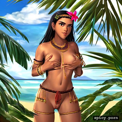 flat breasts, plumeria lei, loincloth, blurry background, shaved pussy
