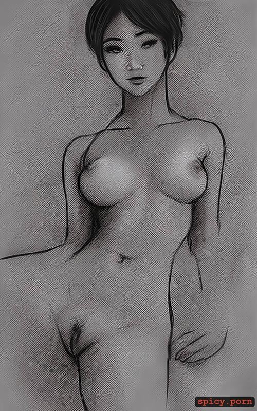 charcoal sketch, 18yo, athletic body, smudged, small tits, intricate hair