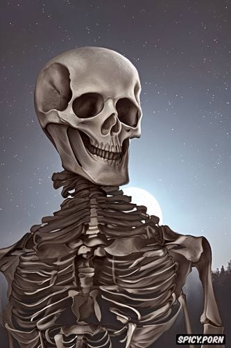 moonlight, haunting human skeleton, some meters away, frontview