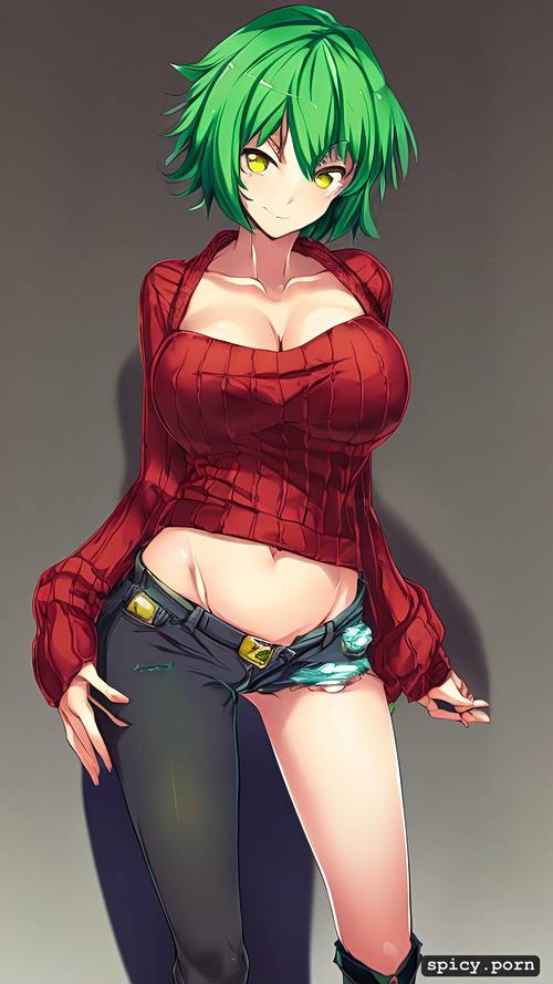 red sweater short light green hair, anime woman, 18yo, yellow eyes