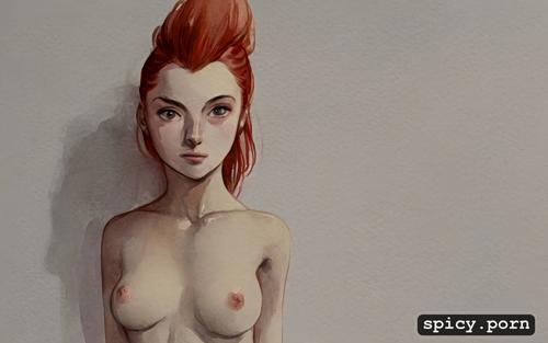 ultra detailed, highres, cute, petite, flat chest, redhead, naked