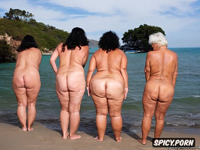 short hair, four mexican grannies standing at beach, focal length mm