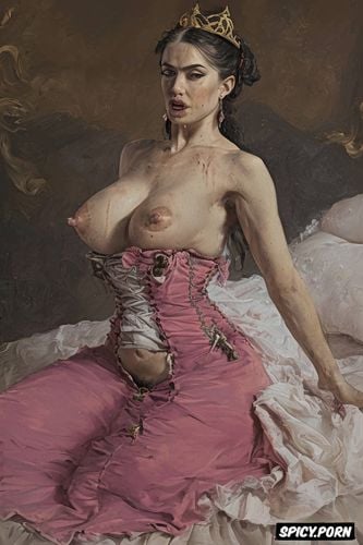 vampire, open mouth, drooling, exorcism, pink nipples, victorian gown