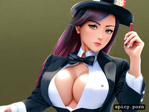 pinstripe hat, pointing a gun, gangster, long hair, japanese female