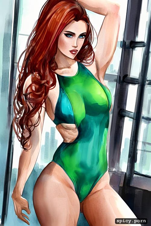 pretty face, female, solid colors, long hair, ginger hair, muscular body
