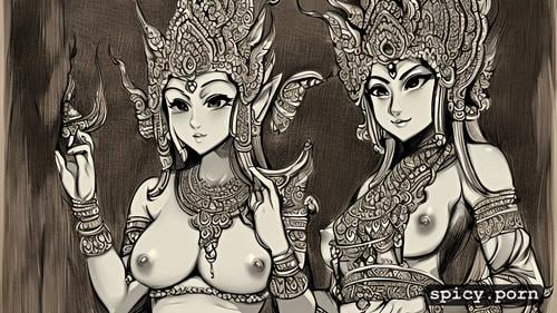 dark skin, slim, small boobs perky nipples, slim nice abs, thai woman in temple