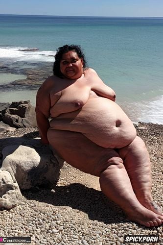 naked short ssbbw mexican granny standing at beach, symmetric