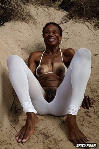 front teeth missing, whore, oiled body, skinny, flashing her open hairy black pussy
