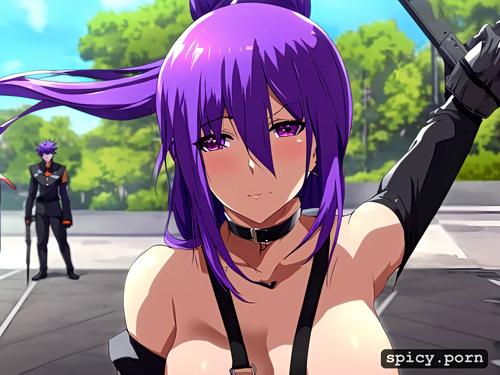 purple hair, ponytail, doggystyle, dominatrix outfit