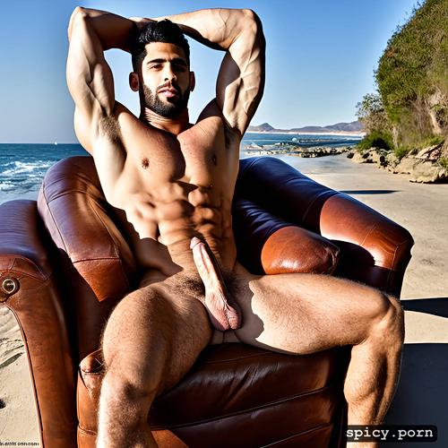 full body view, hairy armpits, he is showing feet, he is sitting on a wooden chair
