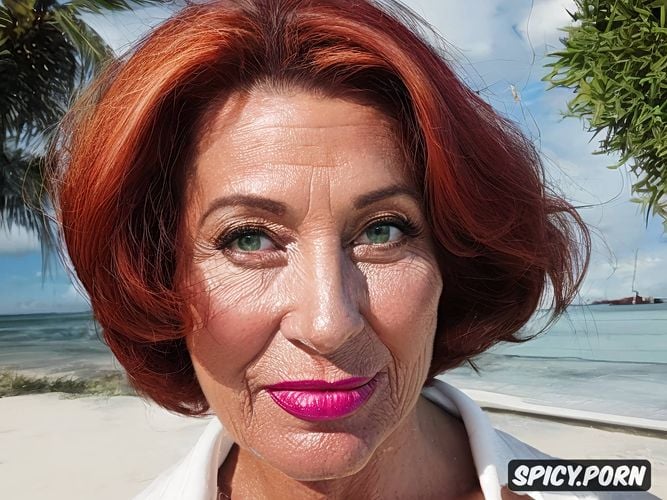 redhead, blowjob, cum on face, 60 years old, wrinkles, huge black veiny dick