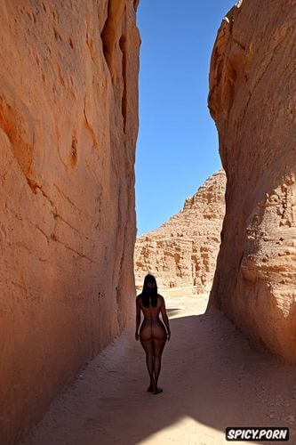 nude pussy, blue sky, long black hair, goddess, pagan arabian goddess al uzza in traditional arabian clothing walking through wadi in awesome desert