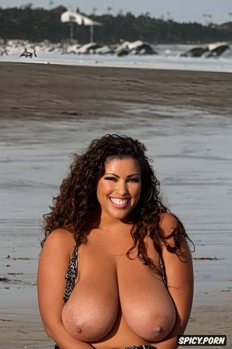 half view, gorgeous bbw model, chubby naked, front view, long curly hair