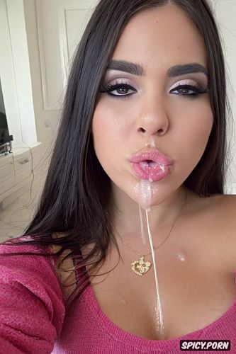 facial selfie, long eyelashes, small mouth, jean shorts, cum dripping on face