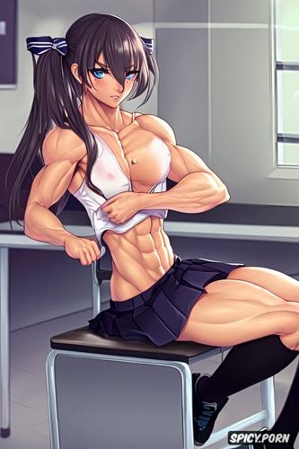 pigtails, hair bows, flexing hard muscles, ultra detailed, high detail photo realism