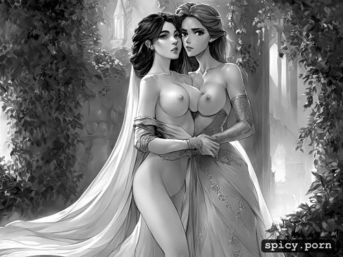 b and w, with pink perky nipples, semi nude artstation, digital painting