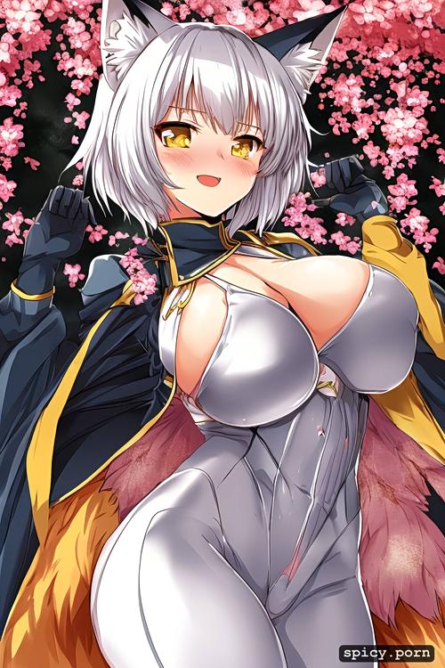cute fox woman, black suit with yellow accents, blushing, short hair