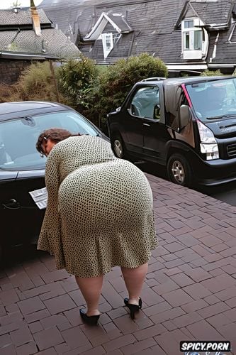 year old, fat woman tipping the newspaper delivery man very wide hips