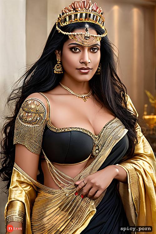 full body front view, no innerwear, black hair, indian queen