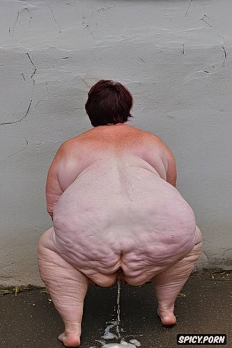 rear view, squatting, white granny, pastel colors, naked, hyperrealistic pregnant pissing muscular thighs red bobcut haircut