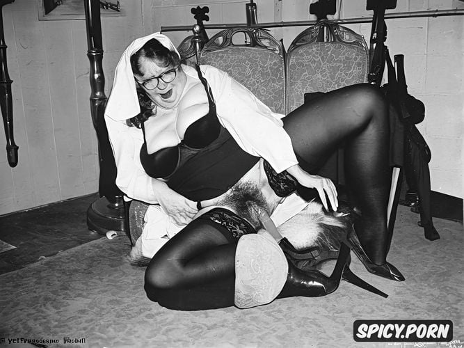 year old nun grandma, hairy vagina, glasses, saggy breasts, spread legs squatting