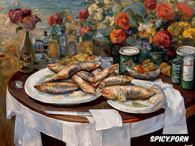 textured paint, hd, the image shows a still life stilllife, sardines in a tin can