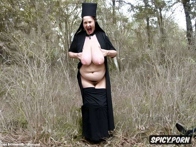 black cassock1 4, wide set breasts1 5, spreading legs, nun, topless