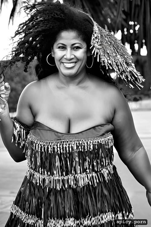 color photo, 69 yo beautiful tahitian dancer, performing, extremely busty