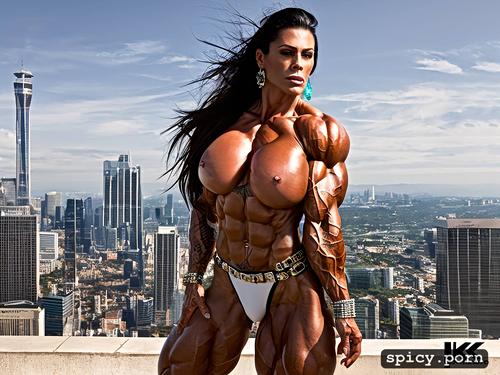 tattooed muscular female bodybuilders with pierced nipples wearing a strapon