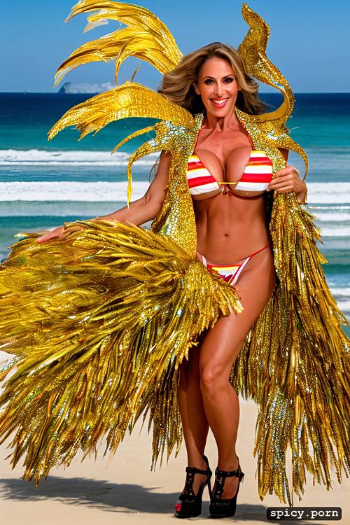 flawless perfect stunning smiling face, 60 yo beautiful performing white rio carnival dancer at copacabana beach