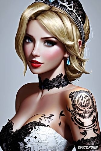 high resolution, k shot on canon dslr, tattoos masterpiece, mercy overwatch beautiful face young tight low cut black lace wedding gown tiara