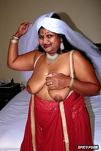 red long veils as indian bride, a mature nudist indian chubby beautiful woman having fake big saggy gigantic tits in camisole v shaped white thin bra covering only nipple and g string