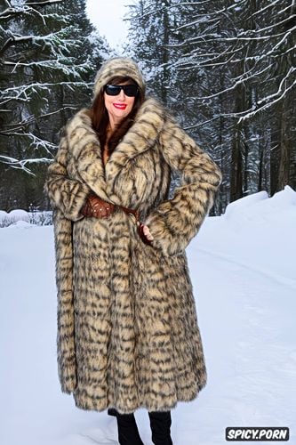 playful seductive grinning expression, naked but wearing open a fur coat