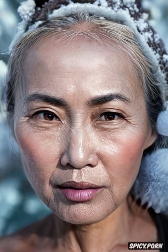 pov, a single frenchbraid hairstyle to right side, face portrait 90 year old mongolian woman with round facial features and high cheekbones