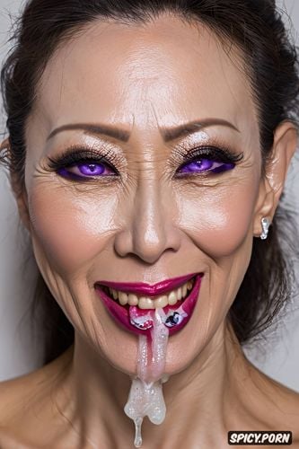 japanese, many mole, close up face, teeth, white female, purple eyeshadow