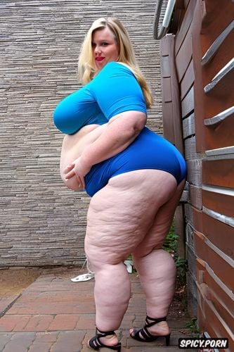 very cute face, huge fat ass, very wide hips, blonde hair, tight short shorts