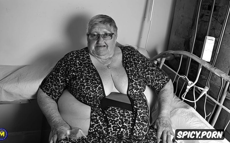 very obese, spread legs on abandoned hospital, upskirt, saggy tits