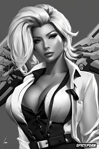 k shot on canon dslr, ultra detailed portrait, masterpiece, mercy overwatch milf full lips black blazer white shirt shirt unbuttoned beautiful face