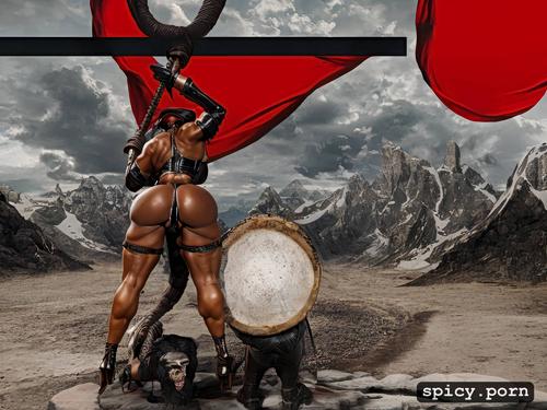 bdsm, wielding a thick, slick bullwhip, plump african female muscle dominatrix dressed in leather
