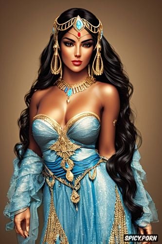 aladin, medium round perky natural breasts, flowing sheer low cut blue arab robes